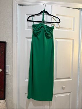 Zara Emerald Halter Ruched Bust Midi Slip Dress